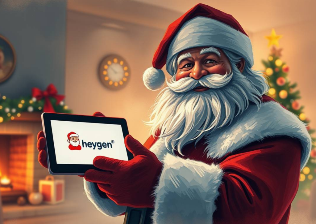  cheerful Santa Claus holding a tablet displaying the logo of "Heygen" with a Santa icon. The background features a cozy Christmas setting with a lit fireplace, a decorated tree, and festive ornaments, creating a warm holiday atmosphere.