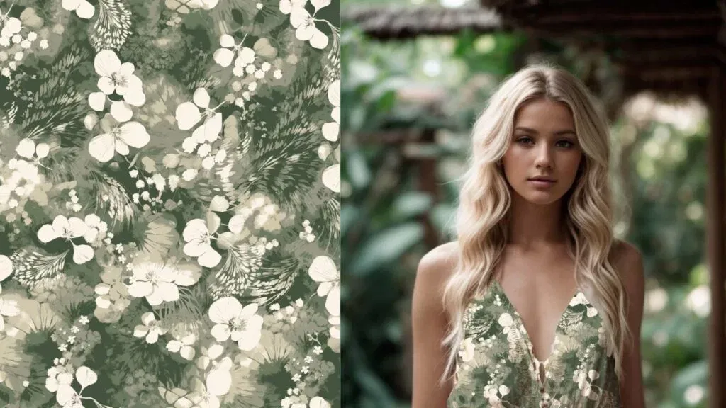  two-part design. On the left, a detailed pattern of green foliage and white floral motifs creates a nature-inspired textile design. On the right, a blonde woman in a dress that matches the floral pattern stands in a lush, outdoor setting, blending seamlessly with the theme of nature.