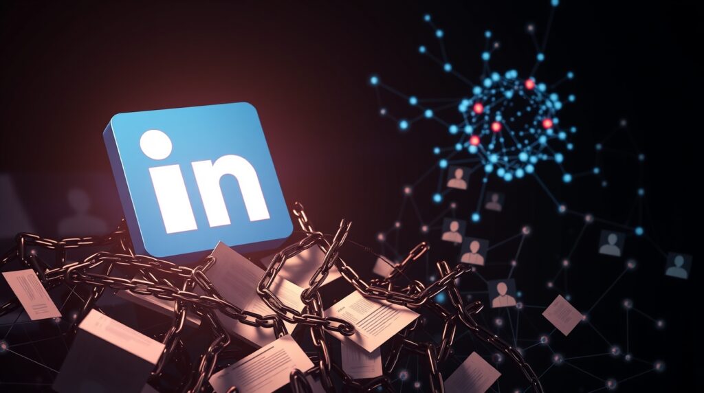 stylized illustration featuring LinkedIn’s logo in the foreground, with chains wrapped around scattered documents. In the background, there’s a network of connected nodes and silhouette-style profile icons, suggesting a social or professional network. Overall, the imagery conveys themes of LinkedIn’s platform, data or profiles bound together, and possibly the idea of security, connections, or data exchange.