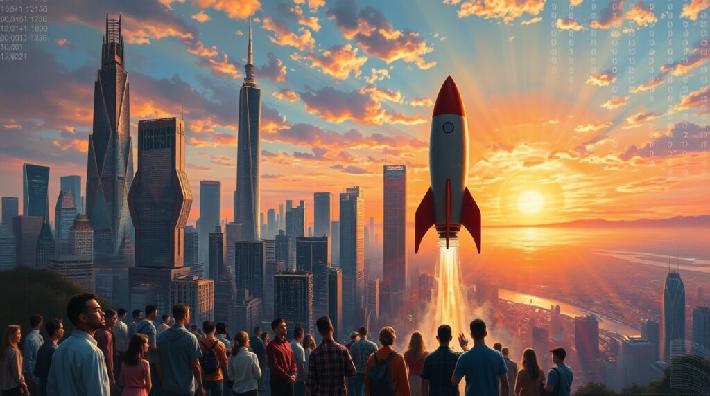 vibrant city skyline at sunset, with a futuristic rocket launching into the sky. A crowd of people is gathered in the foreground, watching the spectacle, while the sun casts a golden glow over the skyscrapers and surrounding landscape. Let me know if you'd like a more tailored description or SEO optimization!