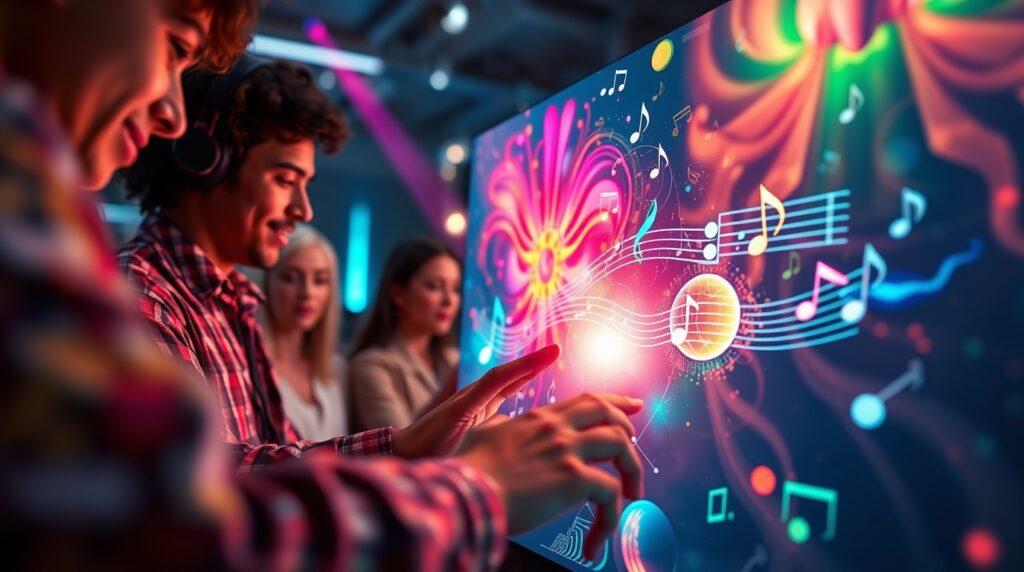  a group of diverse individuals interacting with a futuristic touchscreen interface featuring vibrant, colorful musical notes, sound waves, and abstract designs. The scene captures the energy and creativity of music creation in a high-tech environment, with glowing visuals and interactive elements drawing their attention. Let me know if you'd like further refinement or SEO-specific keywords added!