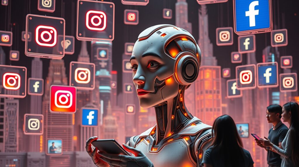 futuristic robot holding a smartphone, surrounded by glowing icons of popular social media platforms like Instagram and Facebook. The backdrop showcases a high-tech cityscape, emphasizing the integration of AI and digital communication. Let me know if you'd like an SEO-enhanced description or any adjustments