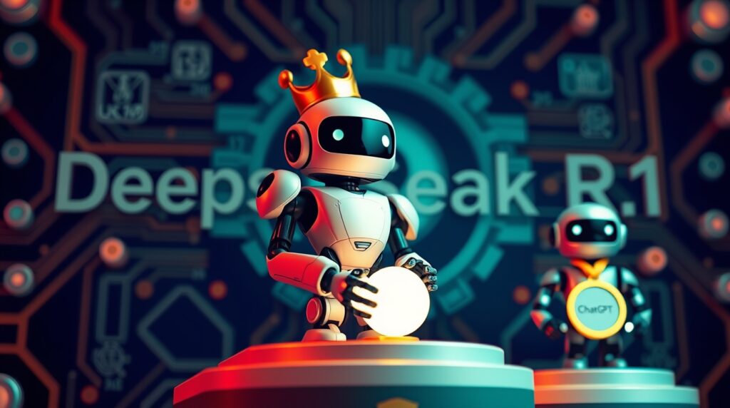 It’s a stylized futuristic scene featuring two small, cartoonish robots on separate pedestals. The larger robot in front wears a golden crown and is holding a glowing orb in its hands, while behind it we see text reading “DeepSpeak R.1.” A second, smaller robot stands in the background with a badge labeled “ChatGPT.” The background has circuitry-like patterns and glowing elements, reinforcing the high-tech or AI-inspired theme.